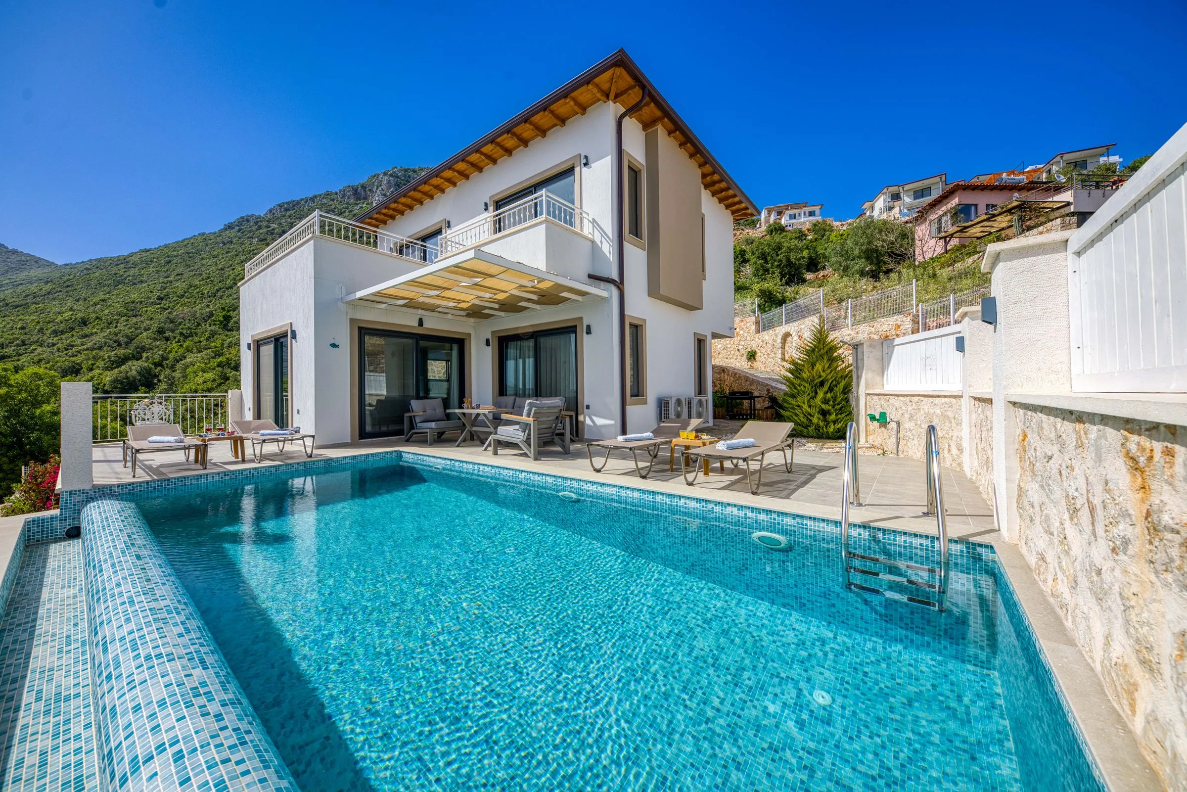 Mosaic-tiled pool in front of a two-storey villa in full daylight, with loungers on the deck and a wooded hillside behind