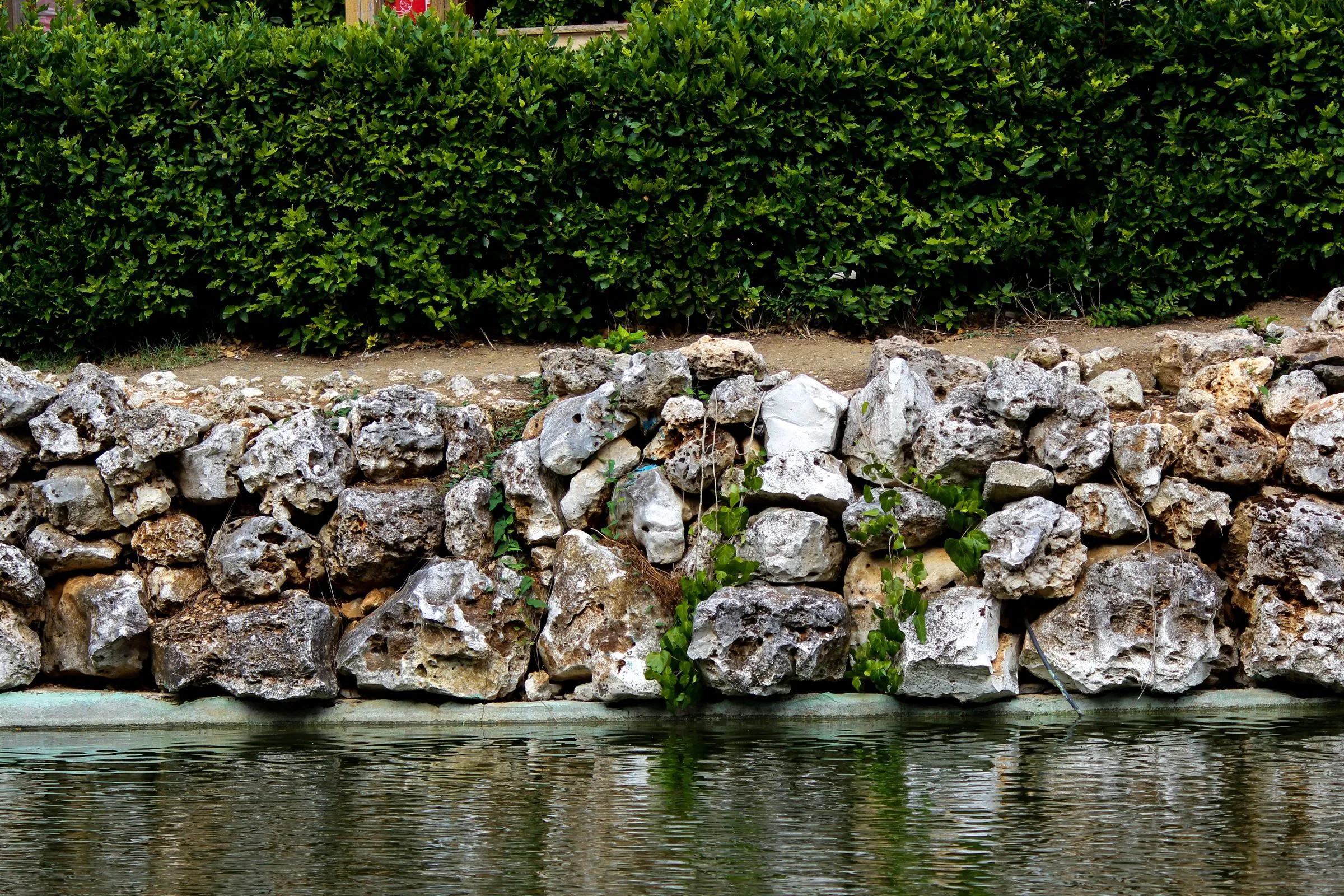 Stacked stone retaining wall beside a body of water, with a clipped green hedge growing along the top